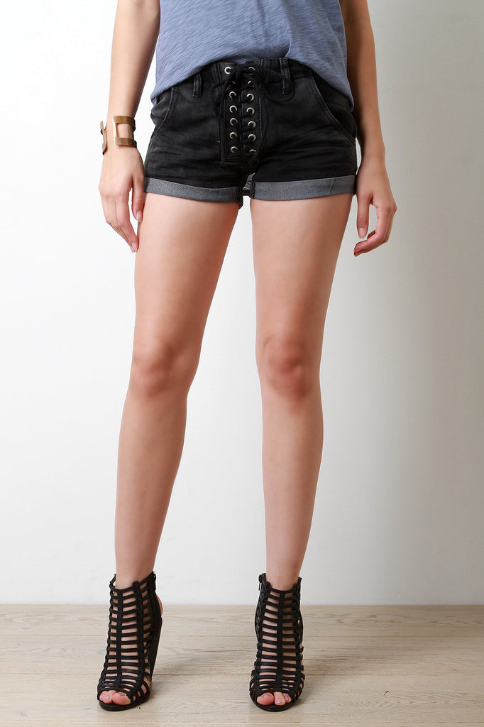 Lace Up Low Waist Denim Shorts