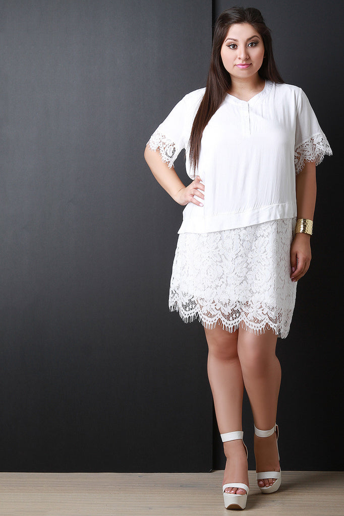 Contrast Solid and Lace Short Sleeve Midi Dress