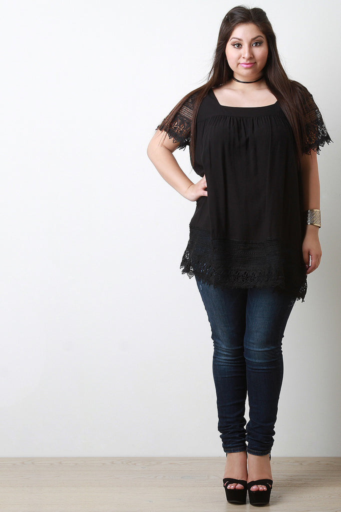 Woven Square Neck Lace Trim Tunic Top