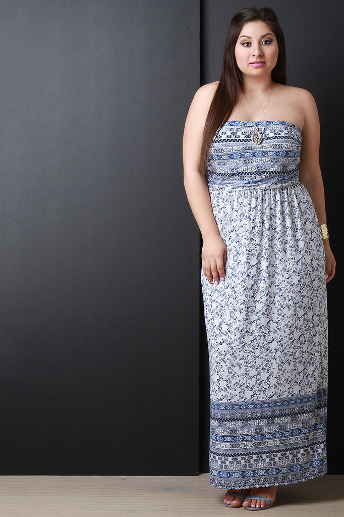 Empire Waist Floral Print Strapless Maxi Dress