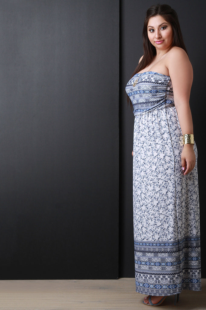 Empire Waist Floral Print Strapless Maxi Dress