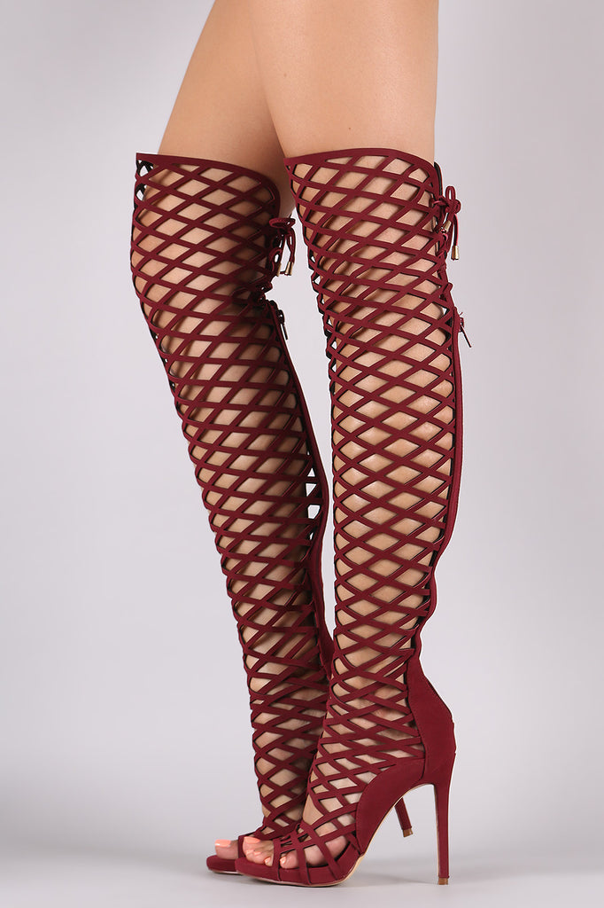 Back Lace-Up Geo Cutout Over-The-Knee Stiletto Boots