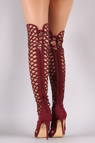 Back Lace-Up Geo Cutout Over-The-Knee Stiletto Boots