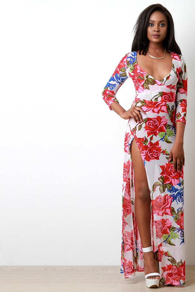 Semi-Sheer Roses Deep V High Slit Maxi Dress