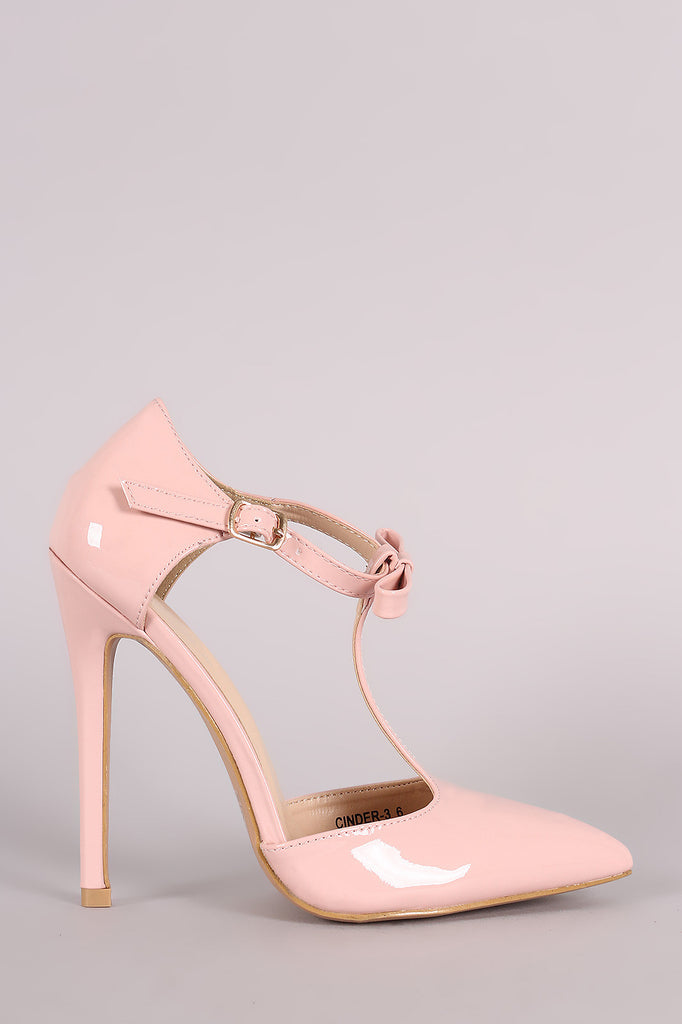 Patent Bow T-Strap Pointy Toe Stiletto Pump