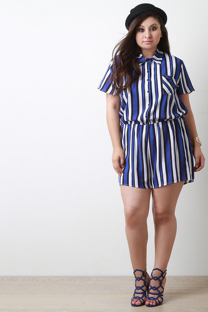 Chiffon Striped Button-Up Short Sleeve Romper