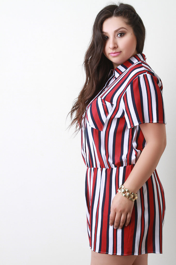 Chiffon Striped Button-Up Short Sleeve Romper