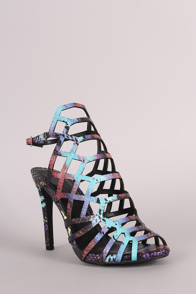 Multicolor Python Caged Peep Toe Stiletto Heel