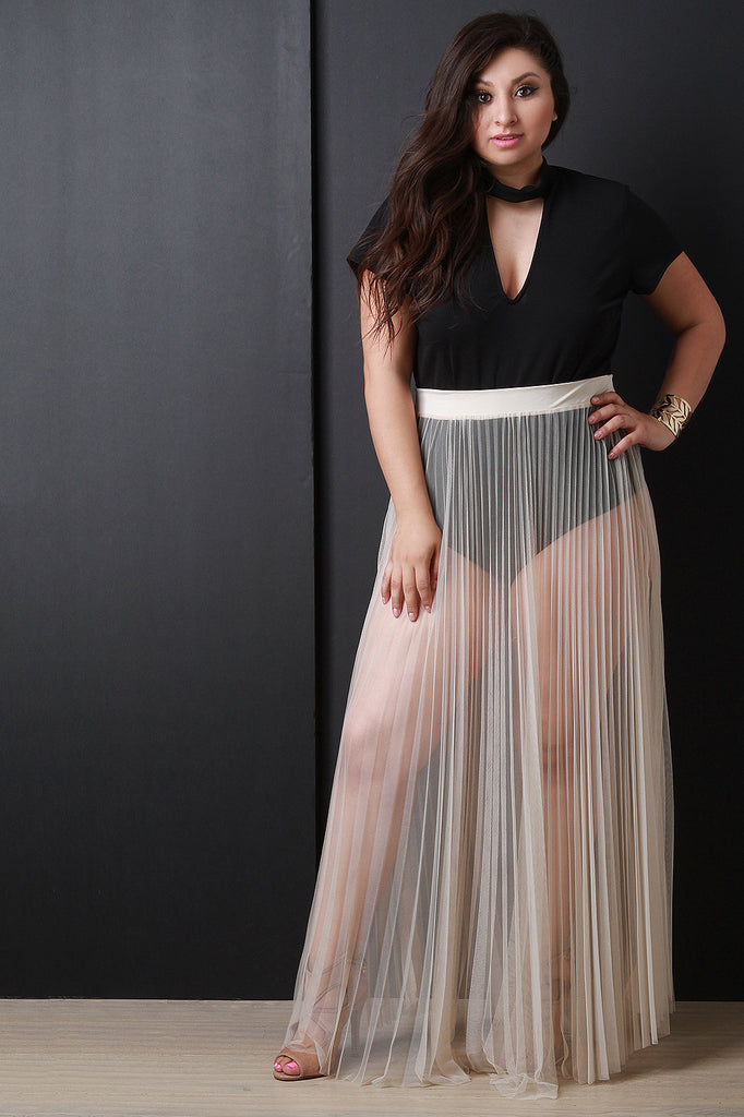 Sheer Mesh Tulle Pleated Maxi Skirt