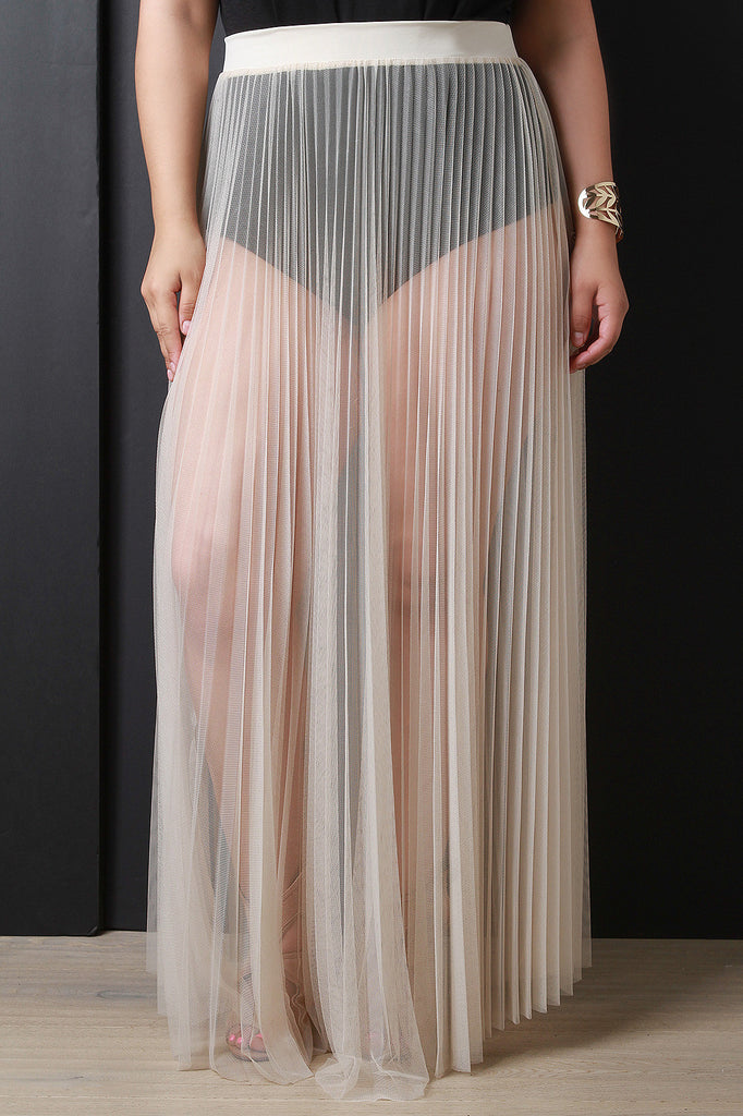 Sheer Mesh Tulle Pleated Maxi Skirt