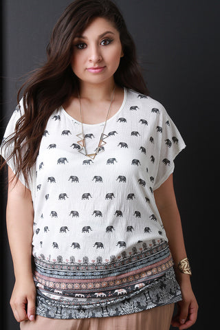 Elephant Print Keyhole-Back Side Pleated Blouse Top