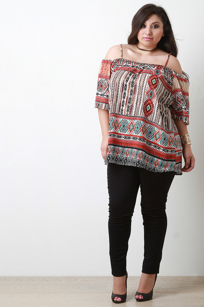 Tribal Print Cold Shoulder Elbow Sleeve Blouse Top