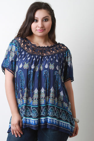 Paisley Print Crochet Panel Short Sleeve Top