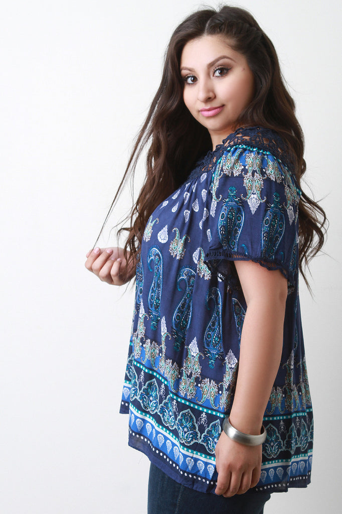 Paisley Print Crochet Panel Short Sleeve Top