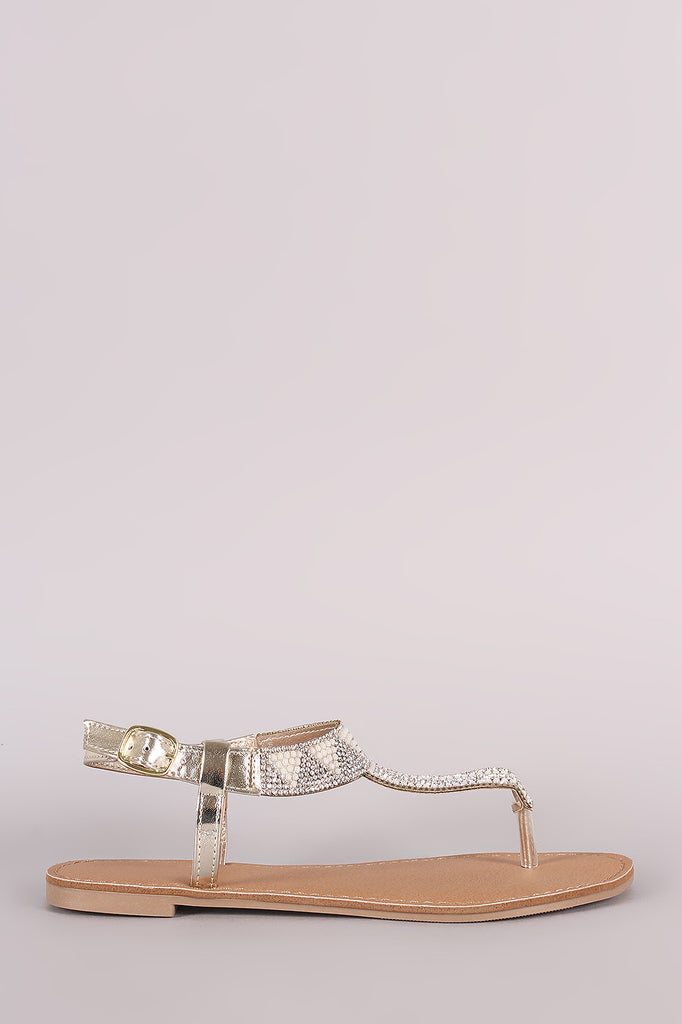 Qupid Pearl and Rhinestone T- Strap Flat Sandal