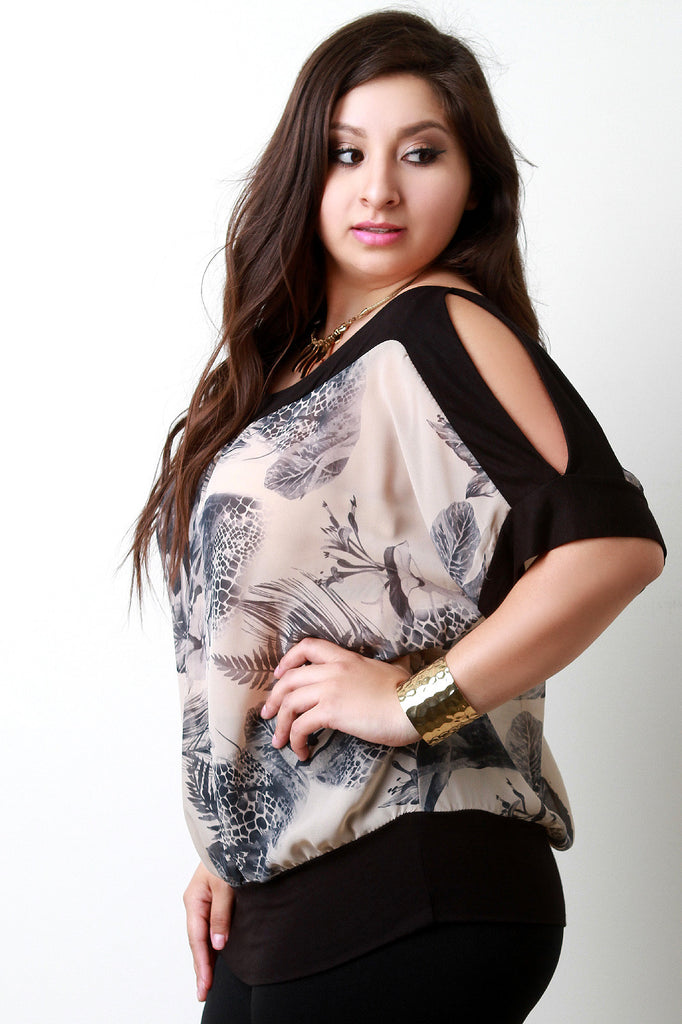 Tropical Print Chiffon Contrast Cold Shoulder Top