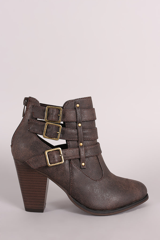 Buckled Side Cutout Chunky Heeled Ankle Boots