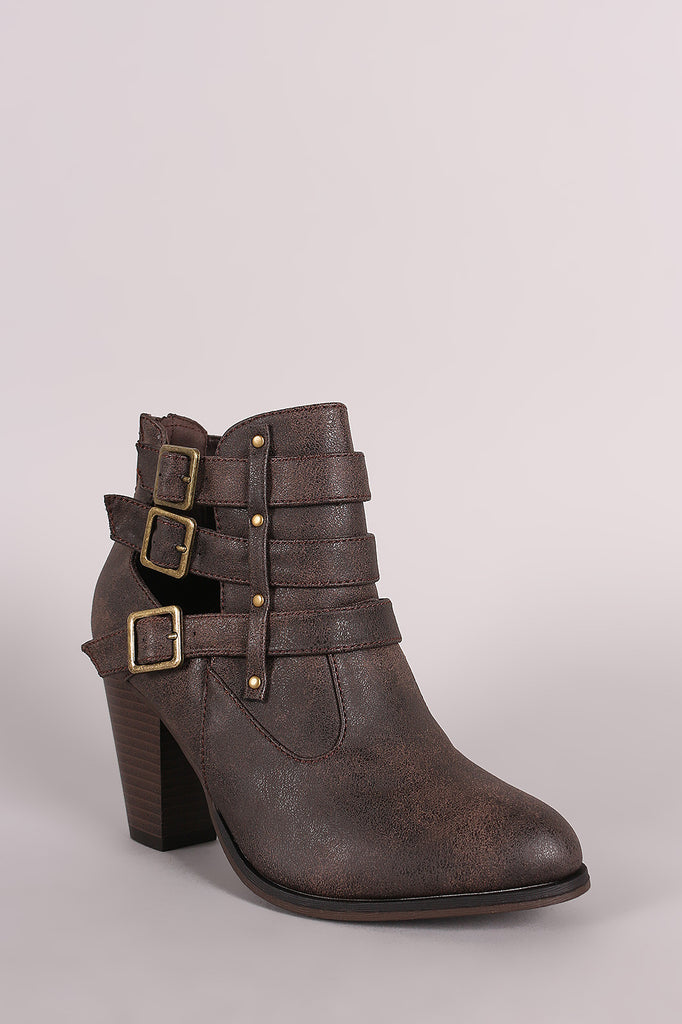 Buckled Side Cutout Chunky Heeled Ankle Boots