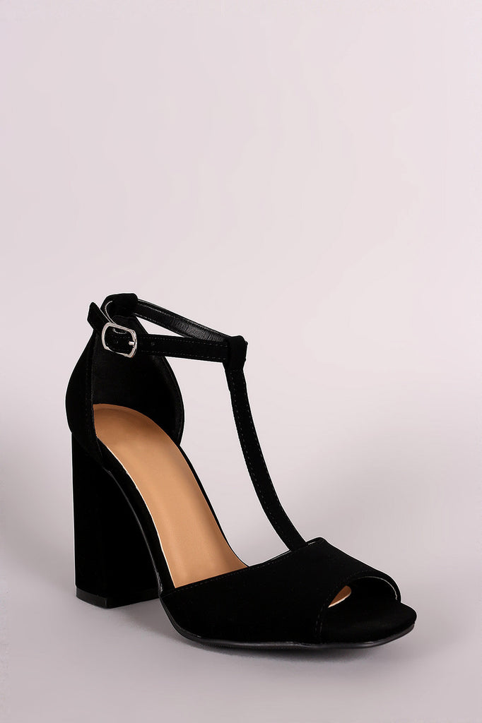 Bamboo Nubuck Peep Toe T-Strap Chunky Heel