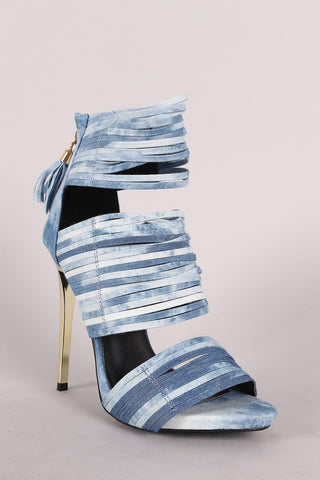 Liliana Washed Denim Strappy Tassel Stiletto Heel