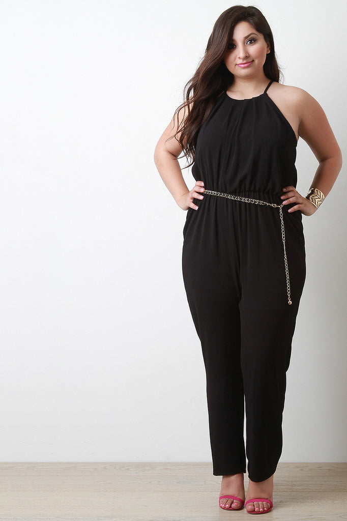 Pleated Top Sleeveless Straight Leg Jumpsuit