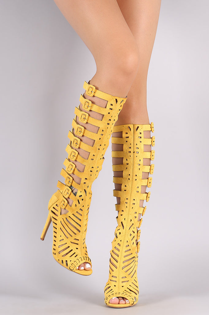 Suede Buckled Strappy Cutout Stiletto Heel