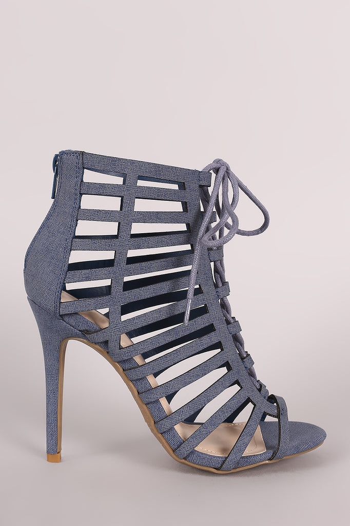 Anne Michelle Nubuck Caged Lace Up Stiletto Heel