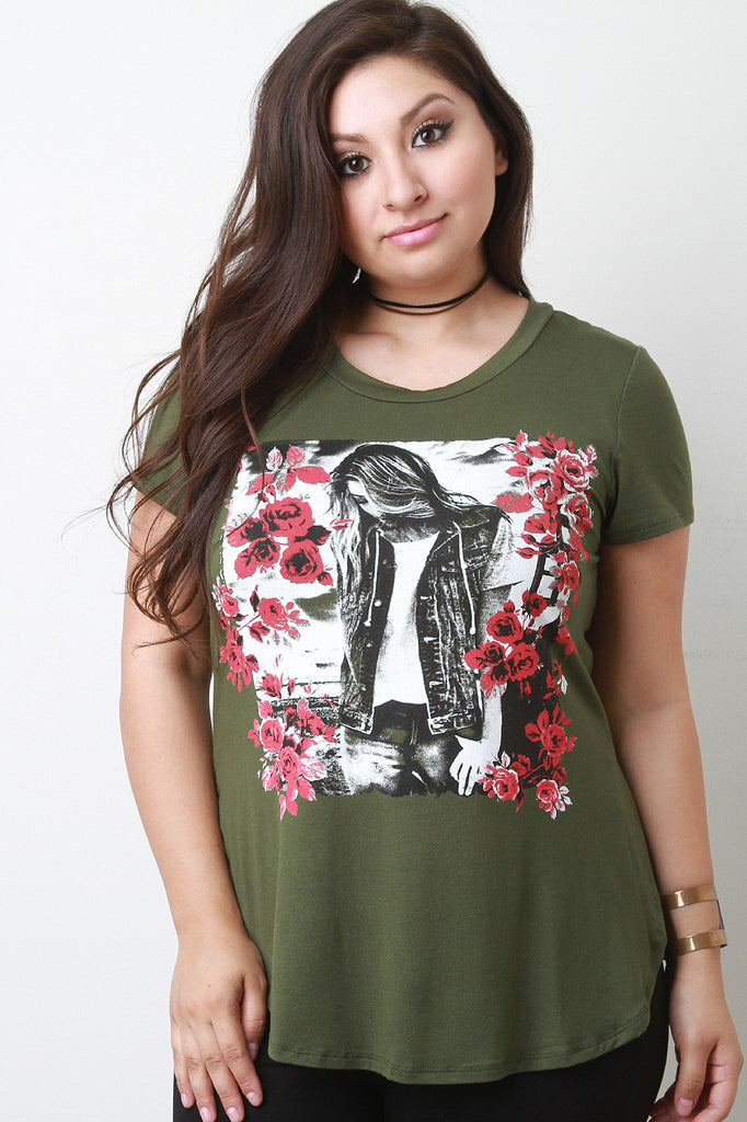 Vintage Gal and Roses Graphic Print Top