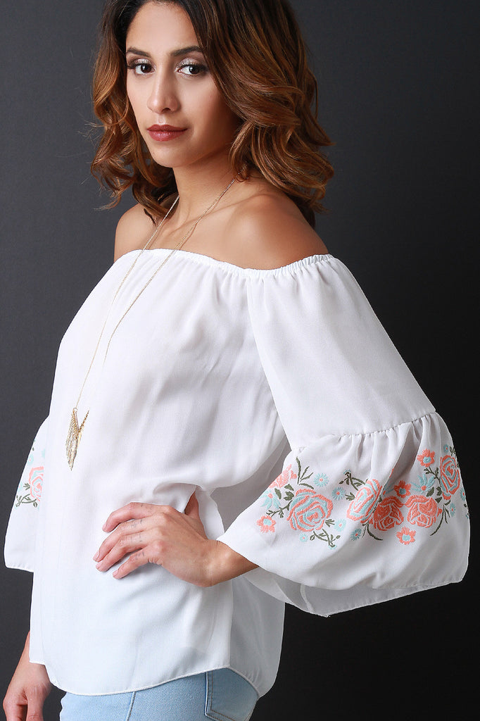 Off The Shoulder Embroider Print Blouse