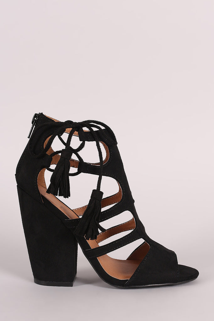 Qupid Cage Side Lace Up Chunky Heel