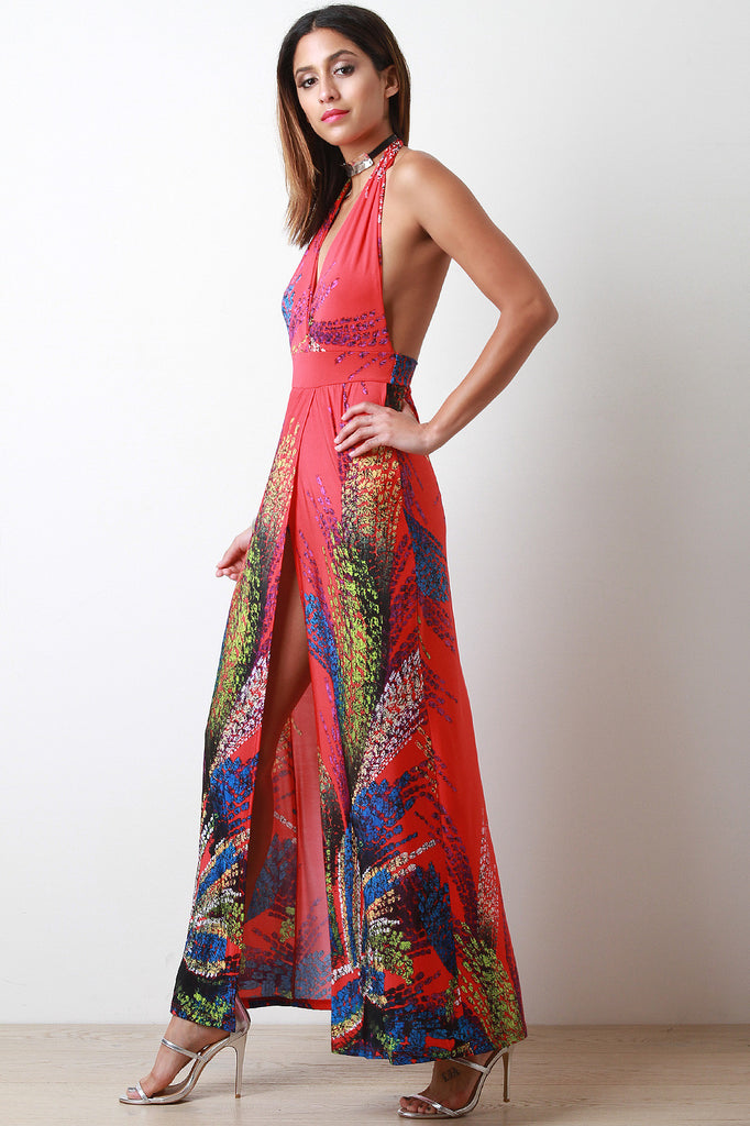 Fireworks Print Halter Sleeveless Slit Maxi Dress