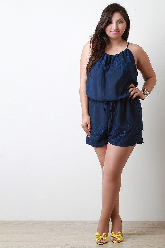 Keyhole Back Lace Trim Sleeveless Romper