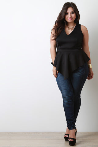 V Neck Sleeveless Angle Hem Peplum Top