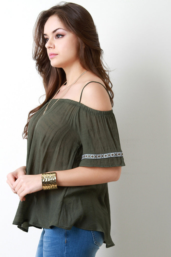 Cold Shoulder Embroidered Sleeve Woven Top