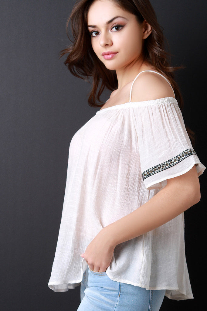 Cold Shoulder Embroidered Sleeve Woven Top