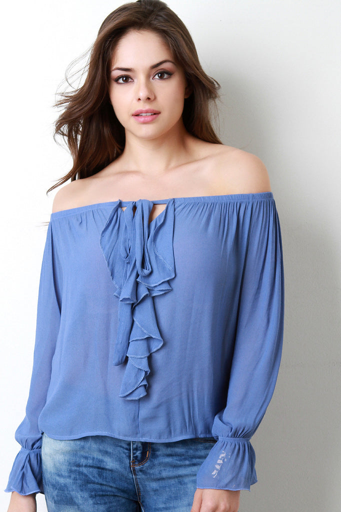 Off The Shoulder Self-Tie Ruffle Top