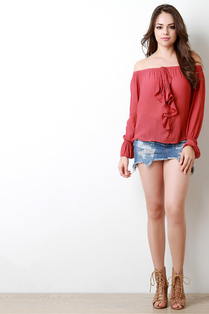 Off The Shoulder Self-Tie Ruffle Top