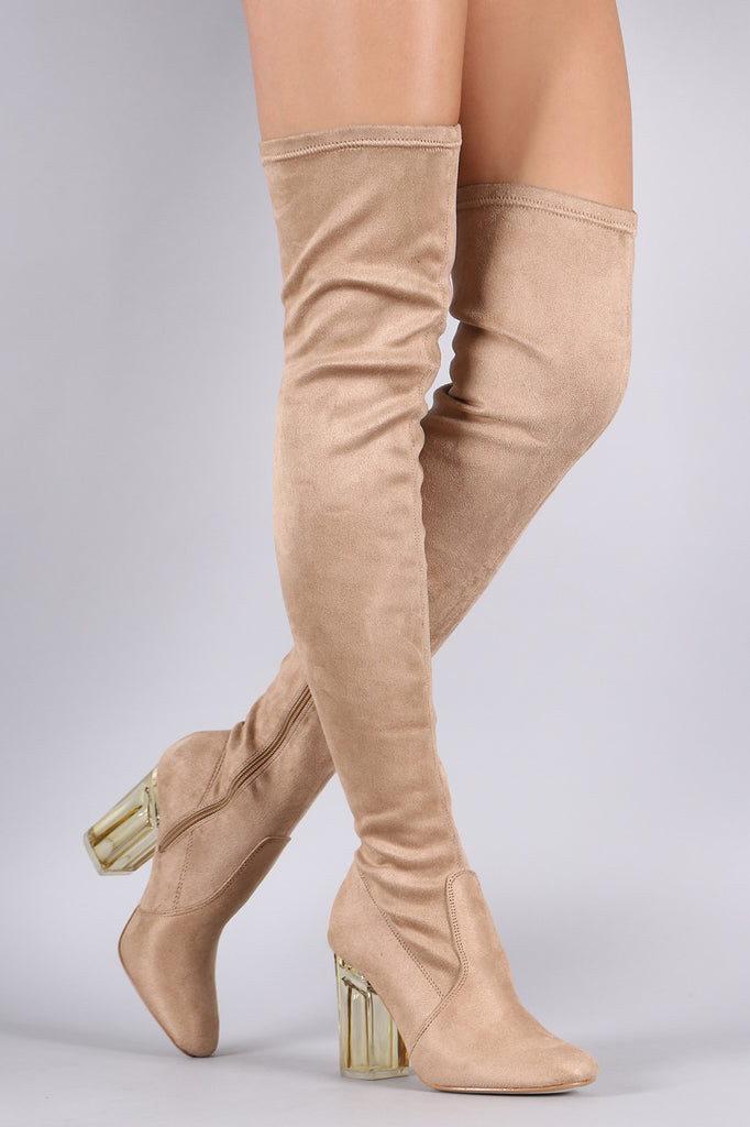 Suede Chunky Lucite Heeled Over-The-Knee Boots