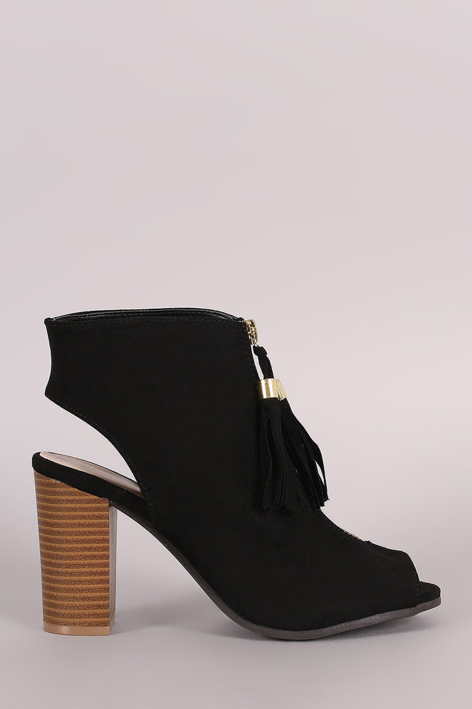 Qupid Tassel Front Zip-Up Chunky Heeled Mule Booties