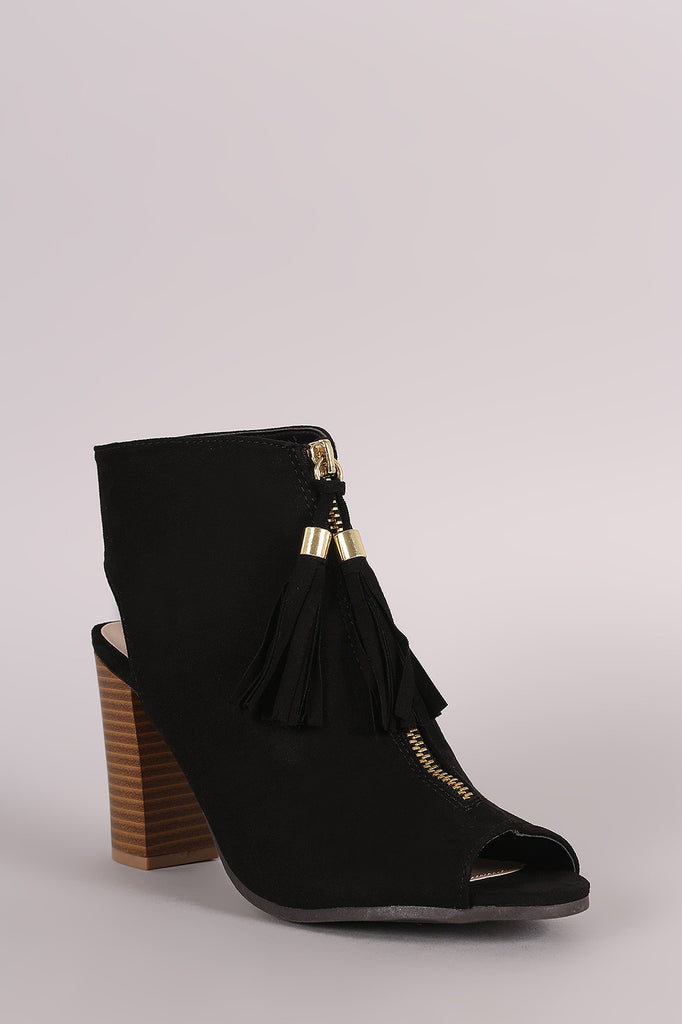 Qupid Tassel Front Zip-Up Chunky Heeled Mule Booties