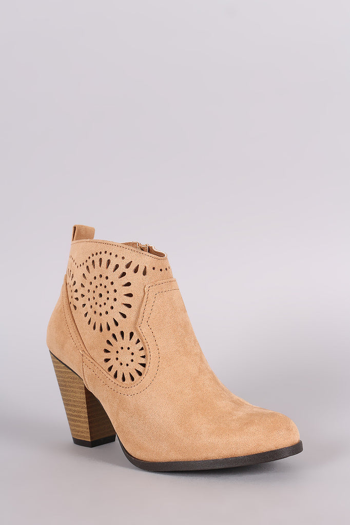 Qupid Vegan Suede Laser Cut Chunky Heel Cowgirl Booties