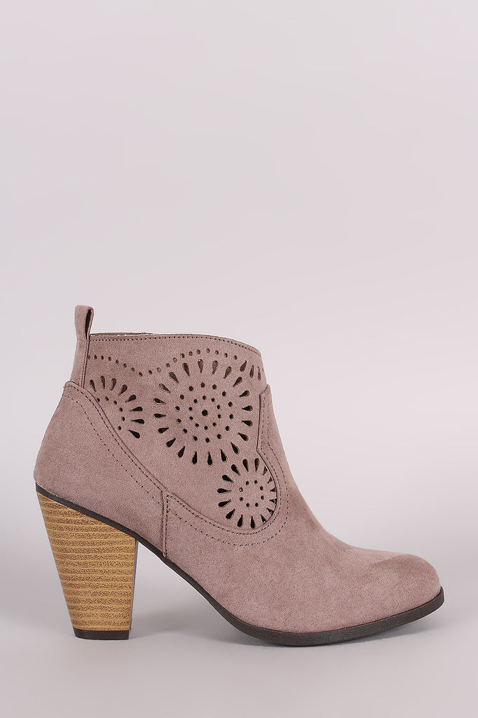 Qupid Vegan Suede Laser Cut Chunky Heel Cowgirl Booties