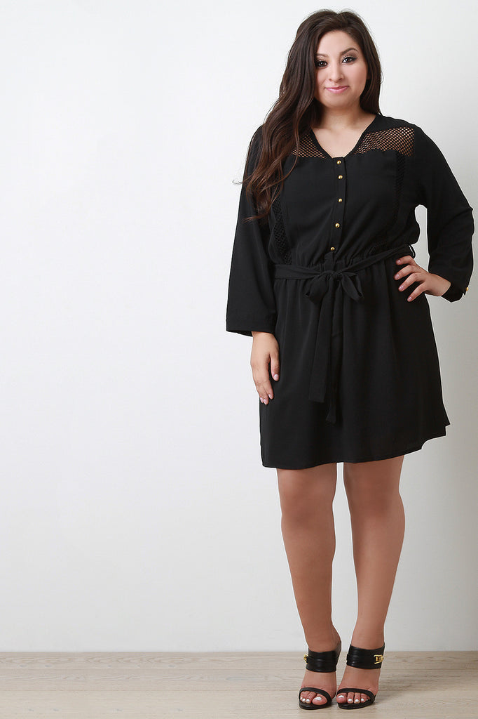 Mesh Panel Button-Up Long Sleeve Dress