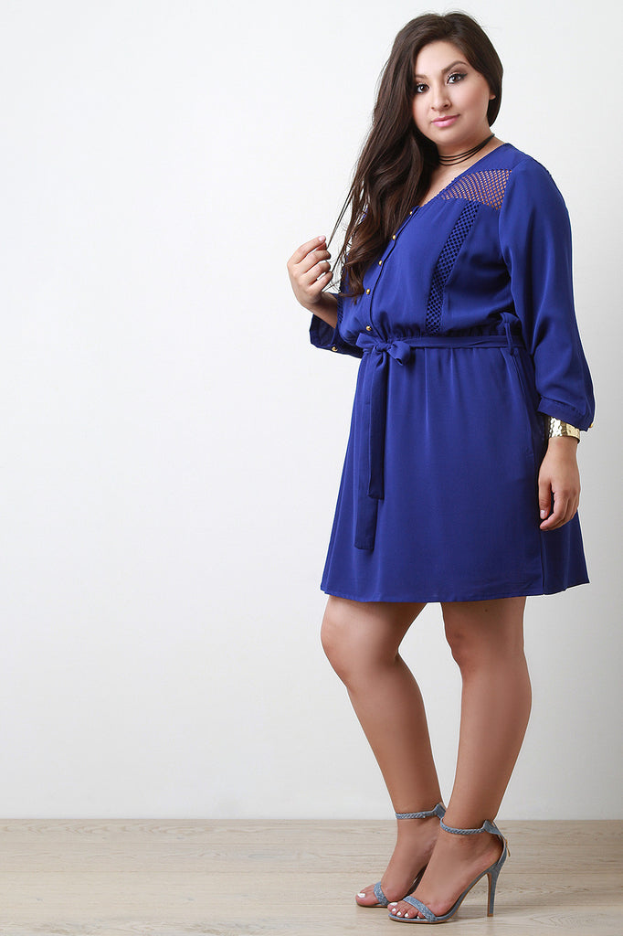 Mesh Panel Button-Up Long Sleeve Dress