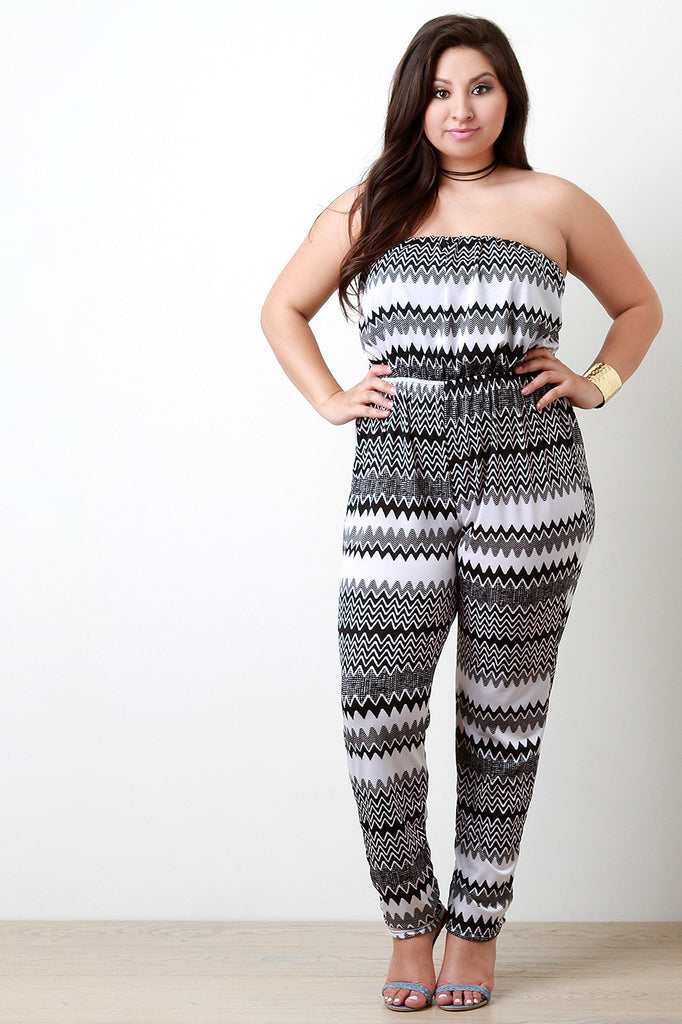 Zigzag Pattern Back Bow Off The Shoulder Jumpsuit