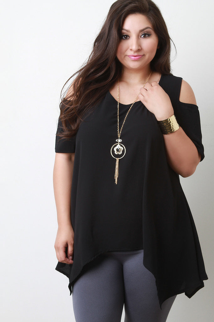 Textured Chiffon Cold Shoulder Handkerchief Hem Necklace Top