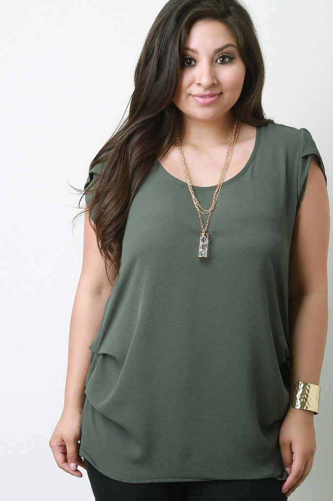 Textured Chiffon Tulip Sleeves Necklace Blouse Top