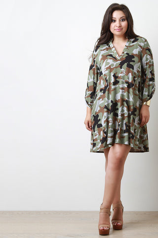 Camouflage V-Neck Shift Dress