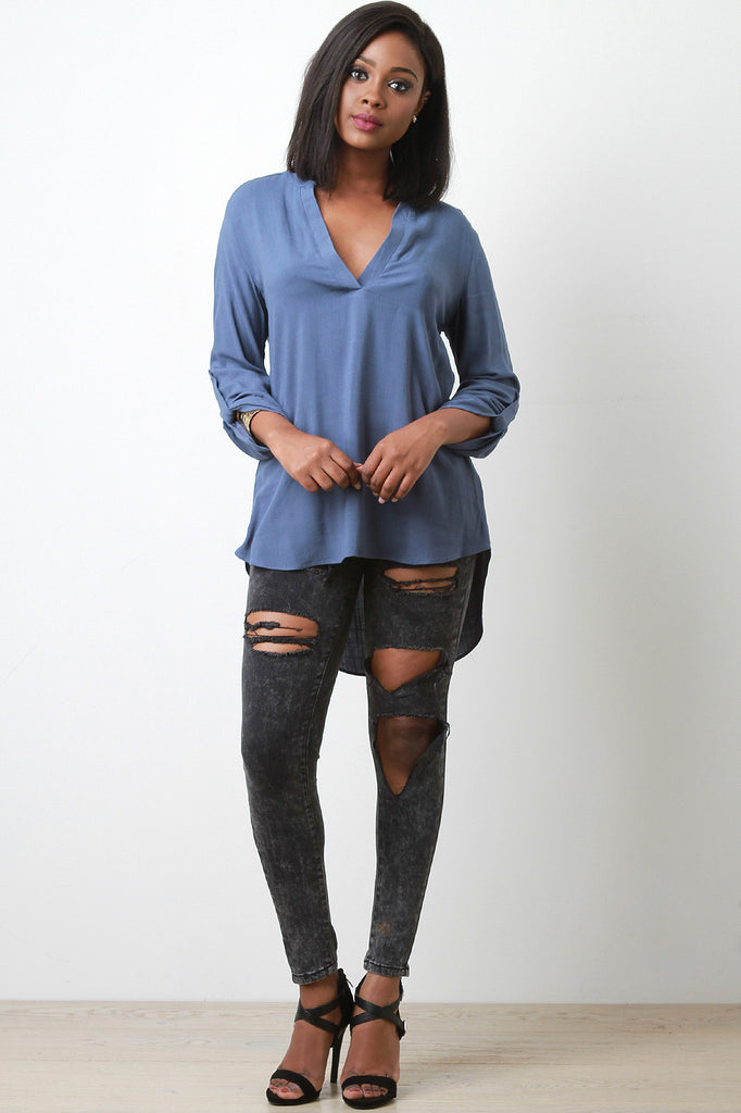 Quart Sleeve Half Placket Blouse Top