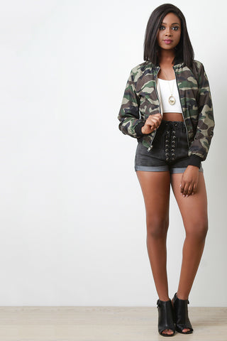 Reversible Camouflage Zipper Bomber Jacket